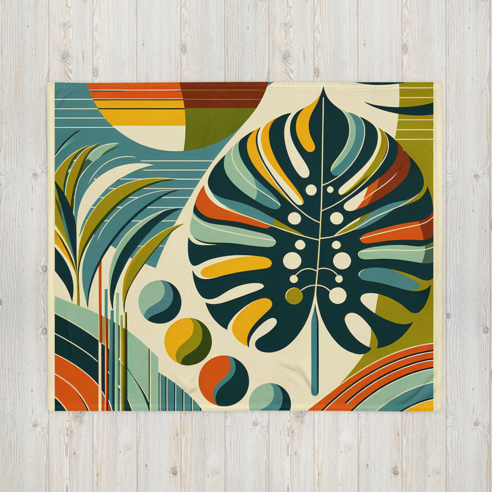 Abstract Monstera Leaf with Geometric Sun Shapes