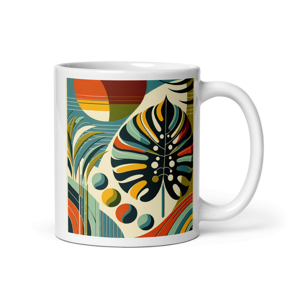 Abstract Monstera Leaf with Geometric Sun Shapes