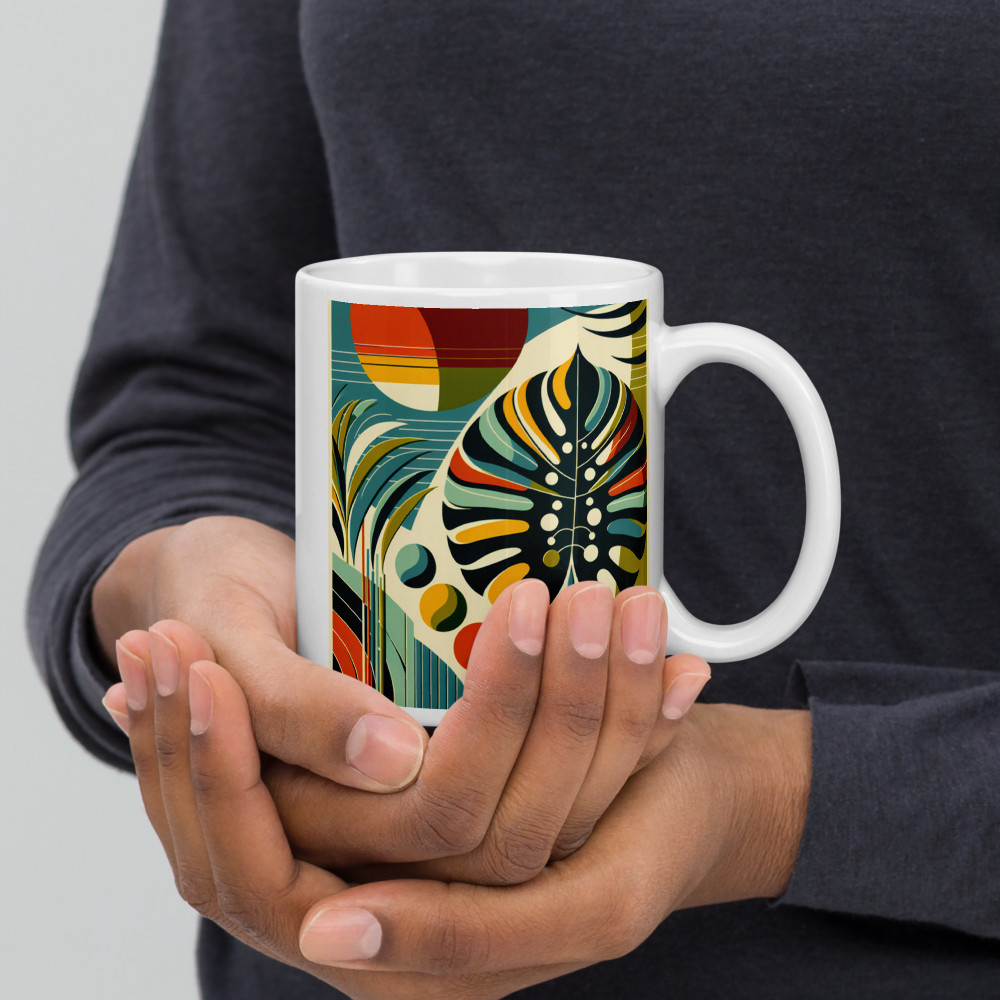 Abstract Monstera Leaf with Geometric Sun Shapes