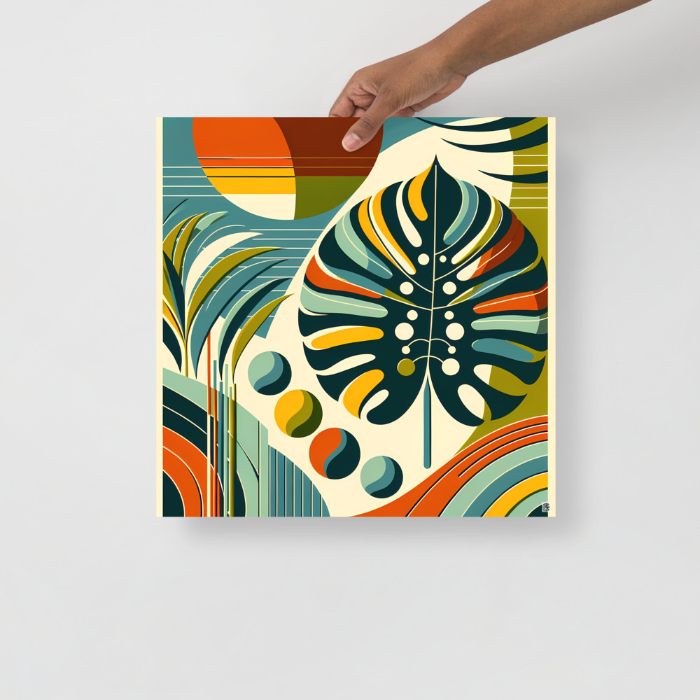 Abstract Monstera Leaf with Geometric Sun Shapes