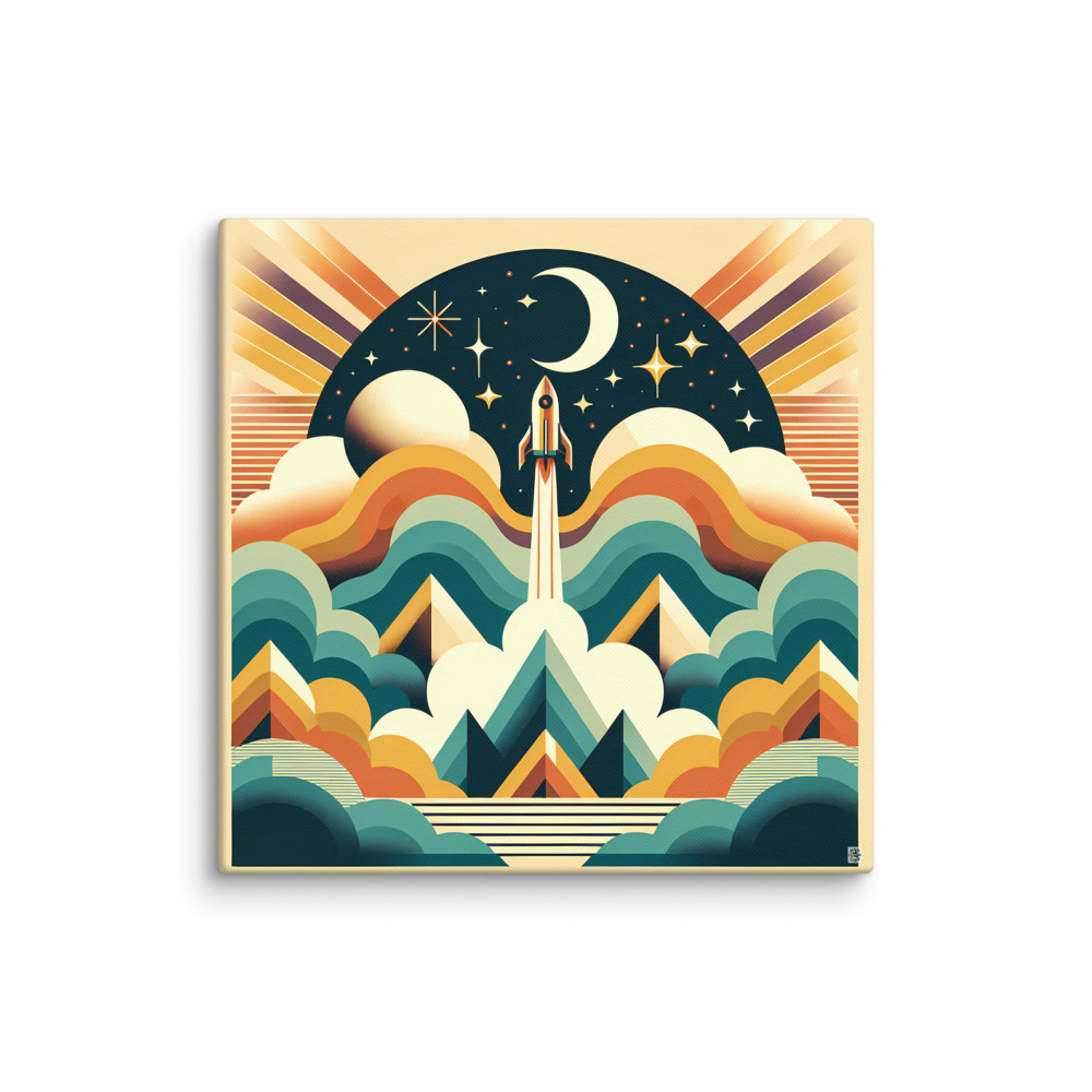 Retro Rocket Launch Over Mountains and Stars — Canvas Print