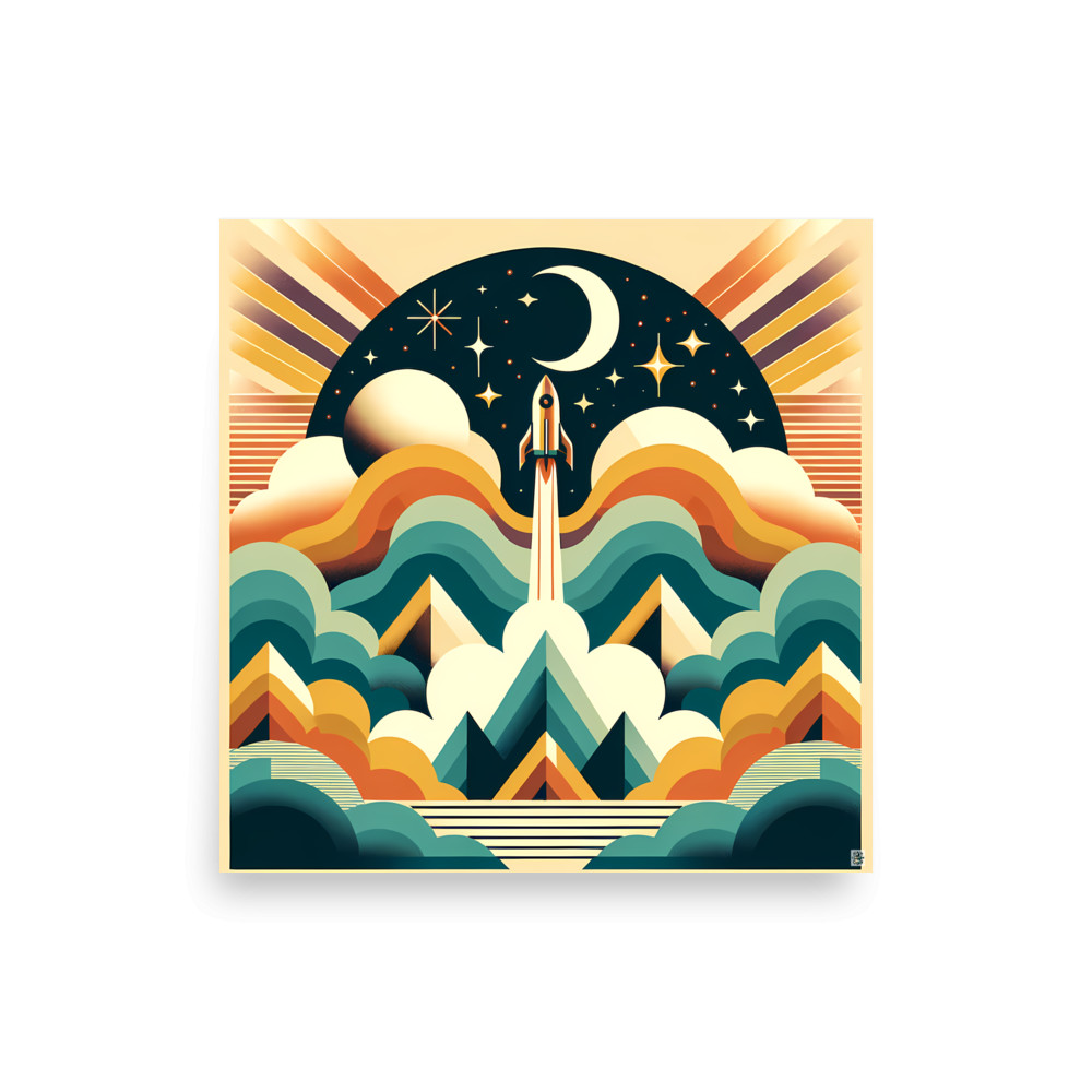 Retro Rocket Launch Over Mountains and Stars — Art Print