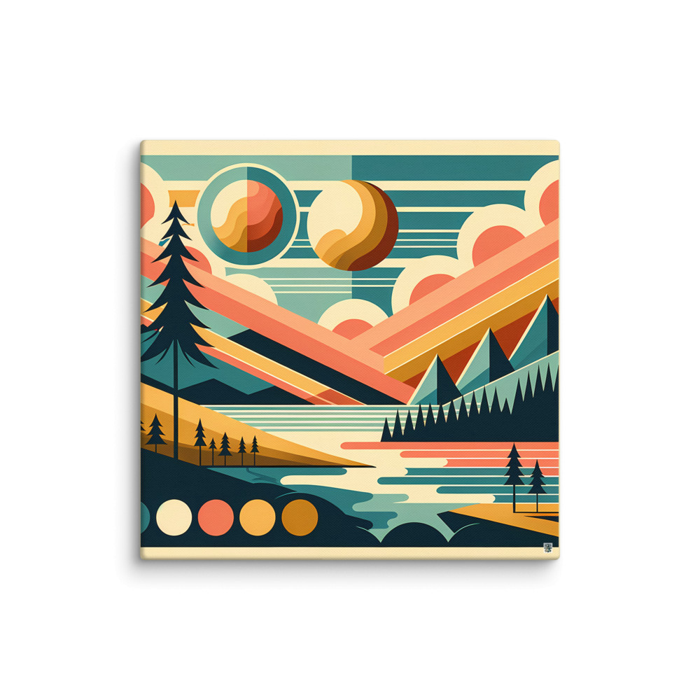 Geometric Mountains and Sun Over Lake — Canvas Print