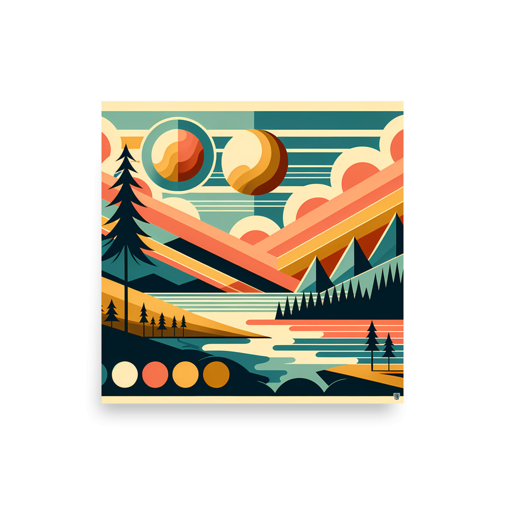 Geometric Mountains and Sun Over Lake — Art Print