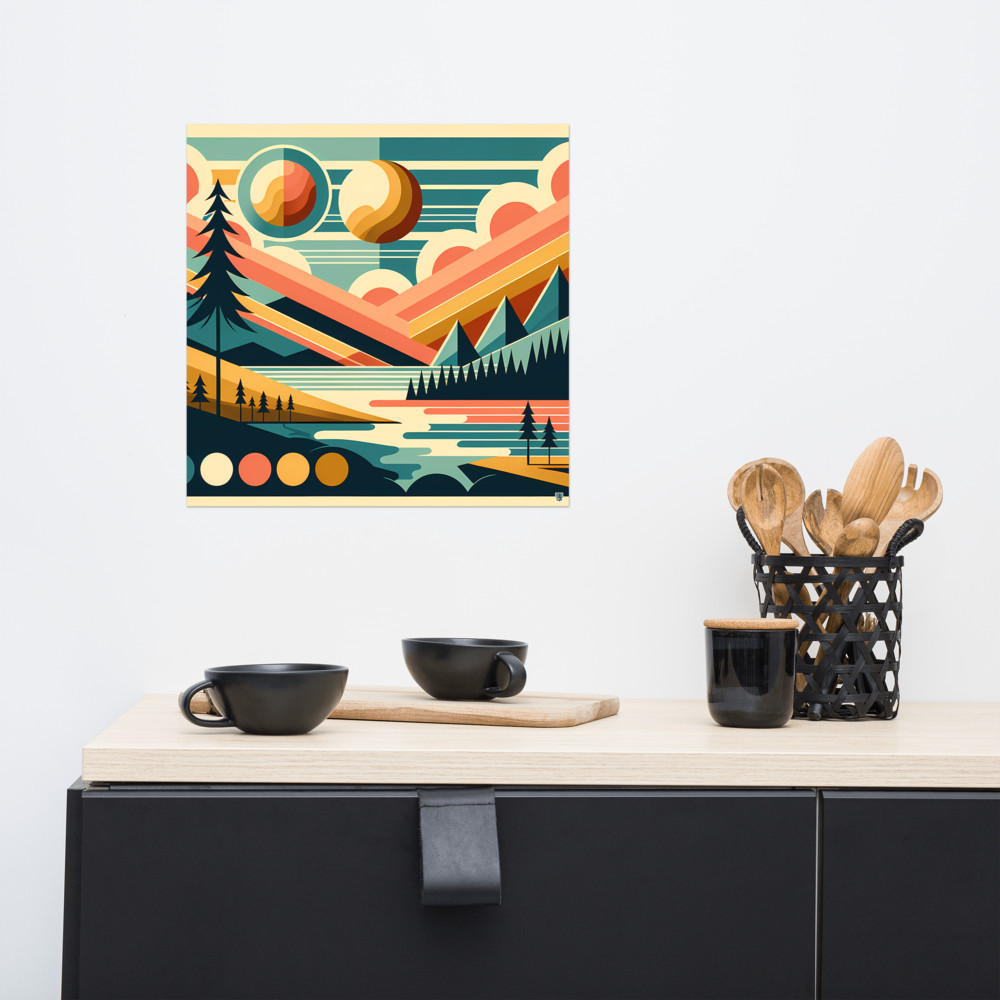 Geometric Mountains and Sun Over Lake