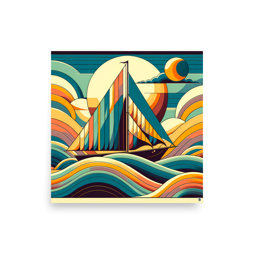 Geometric Sailboat in Retro Waves — Art Print