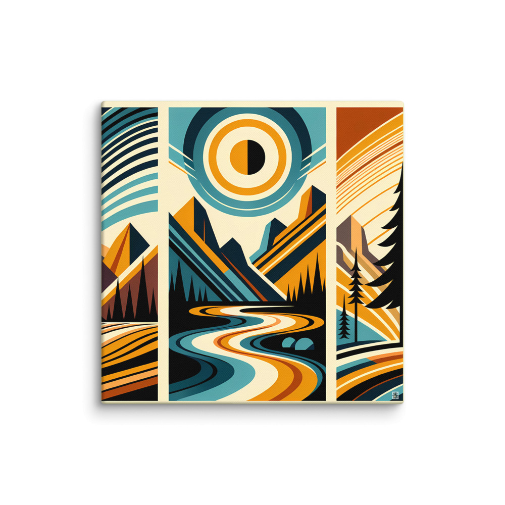 Geometric Mountain River Under Sun — Canvas Print