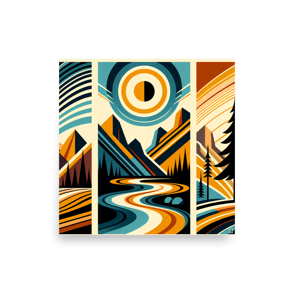 Geometric Mountain River Under Sun — Art Print