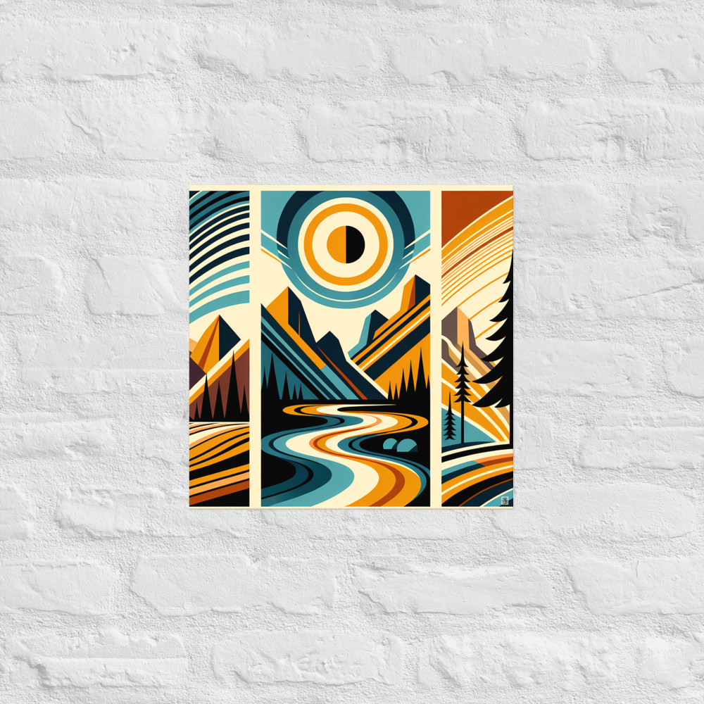 Geometric Mountain River Under Sun