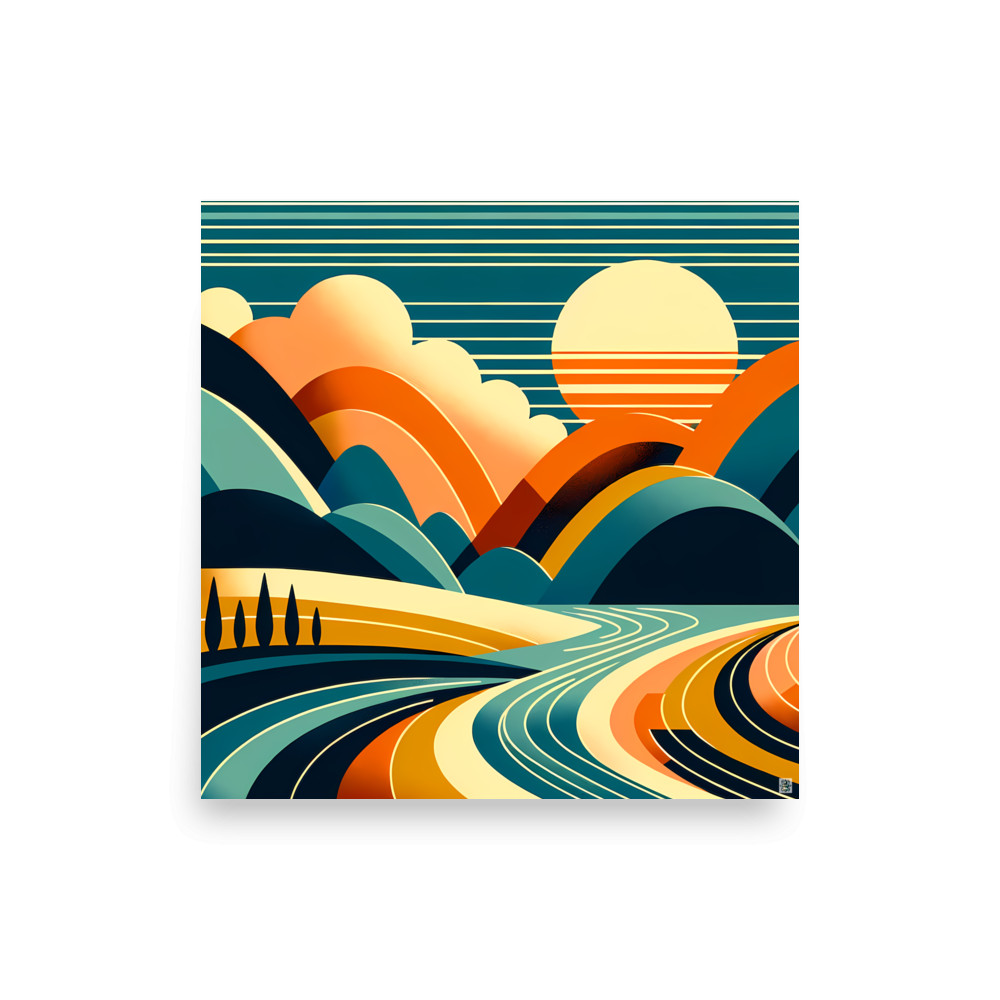 Geometric Sun Over Layered Mountains — Art Print