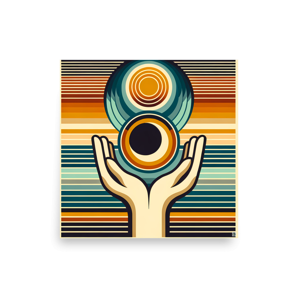 Retro Geometric Hands Holding Sun and Moon — Art Print