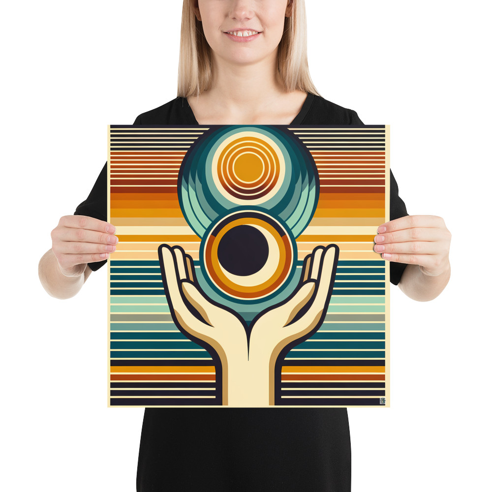 Retro Geometric Hands Holding Sun and Moon