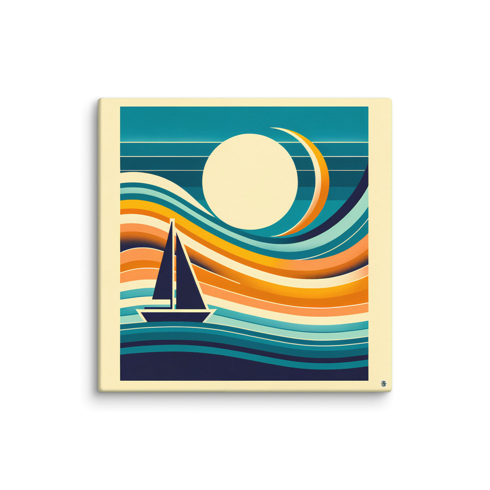 Geometric Sailboat in Gradient Sunset Waves — Canvas Print