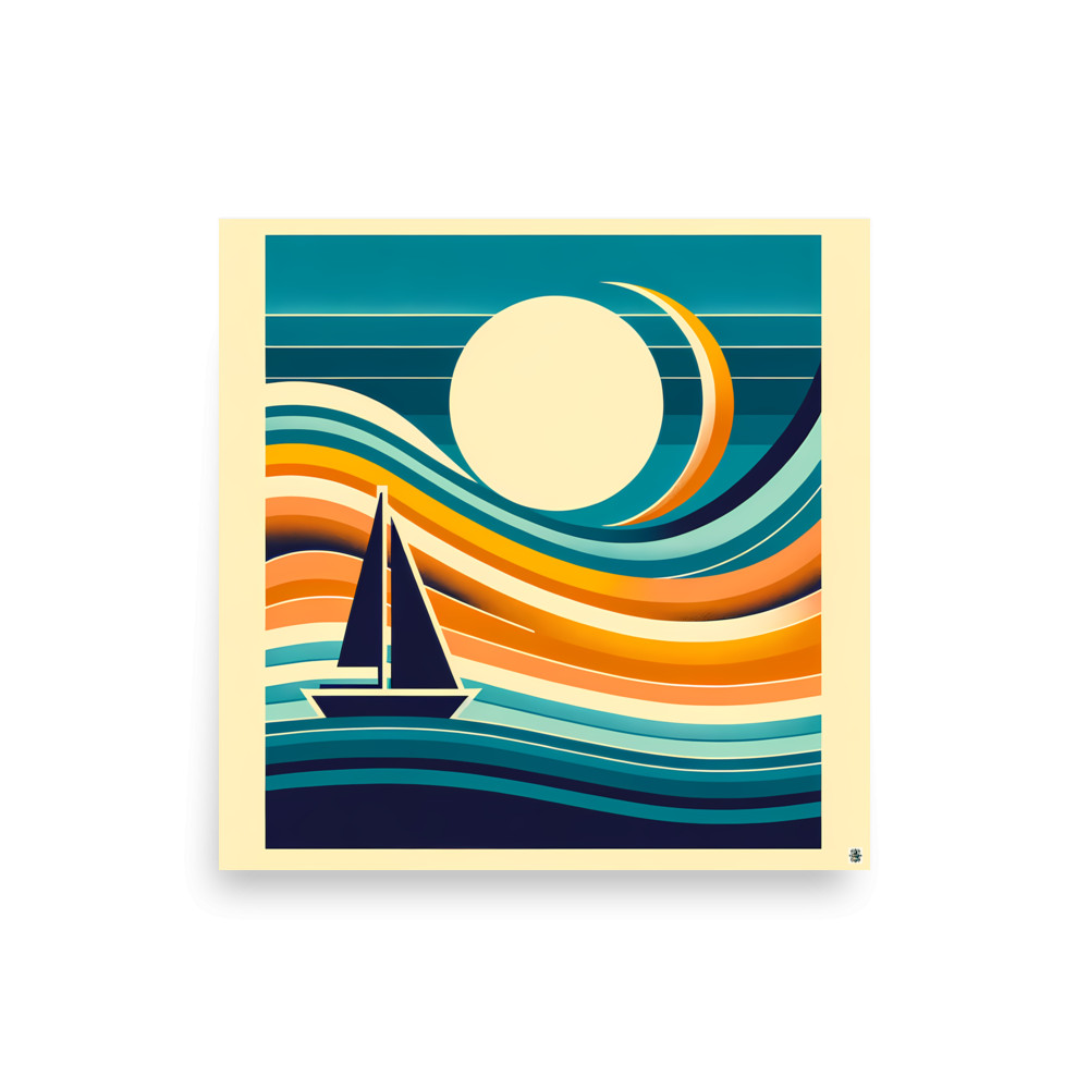 Geometric Sailboat in Gradient Sunset Waves — Art Print