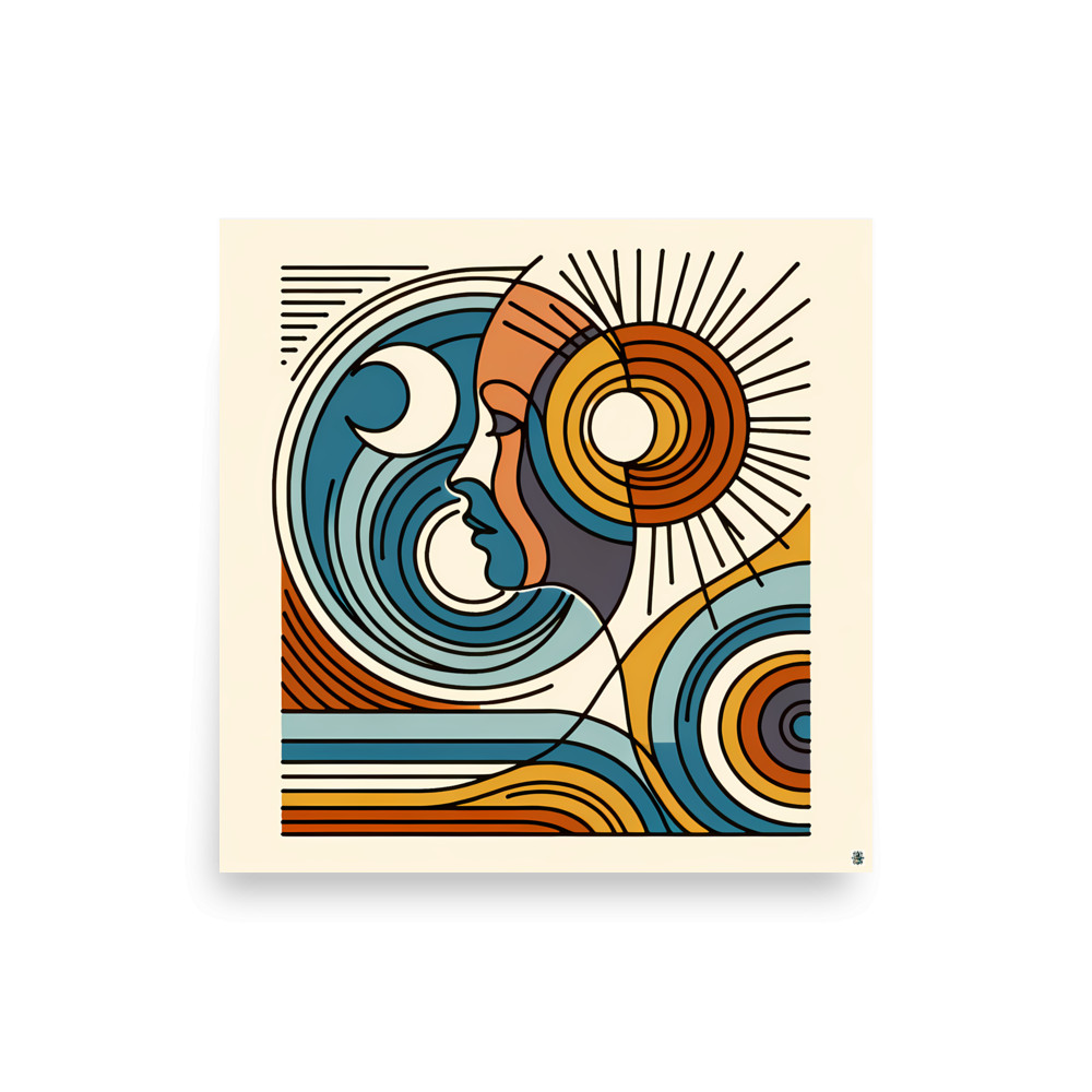 Abstract Line Face with Sun and Moon Waves — Art Print
