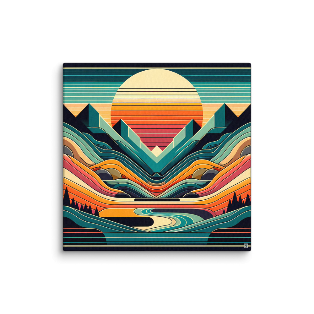 Geometric Mountains Sunset with Layered Valley Lines — Canvas Print