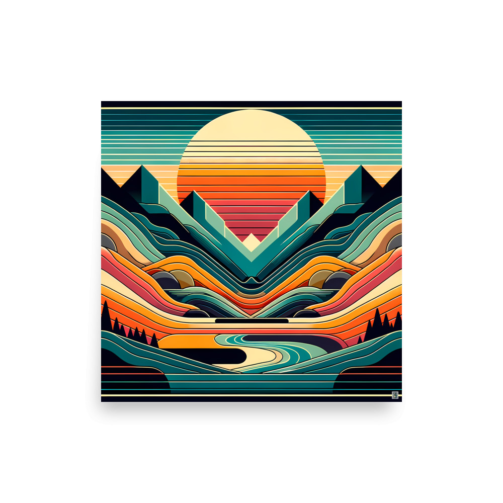 Geometric Mountains Sunset with Layered Valley Lines — Art Print