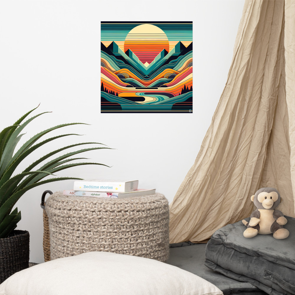 Geometric Mountains Sunset with Layered Valley Lines