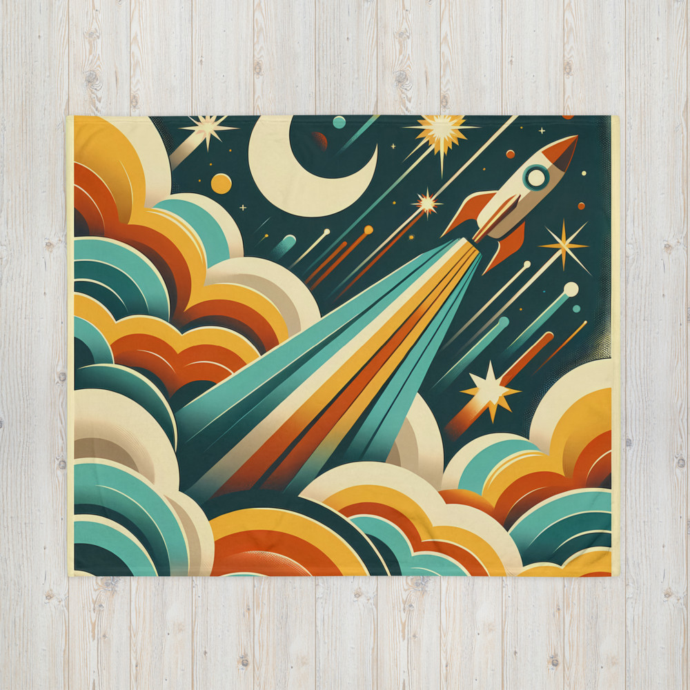 Retro Rocket Launch Through Clouds and Stars