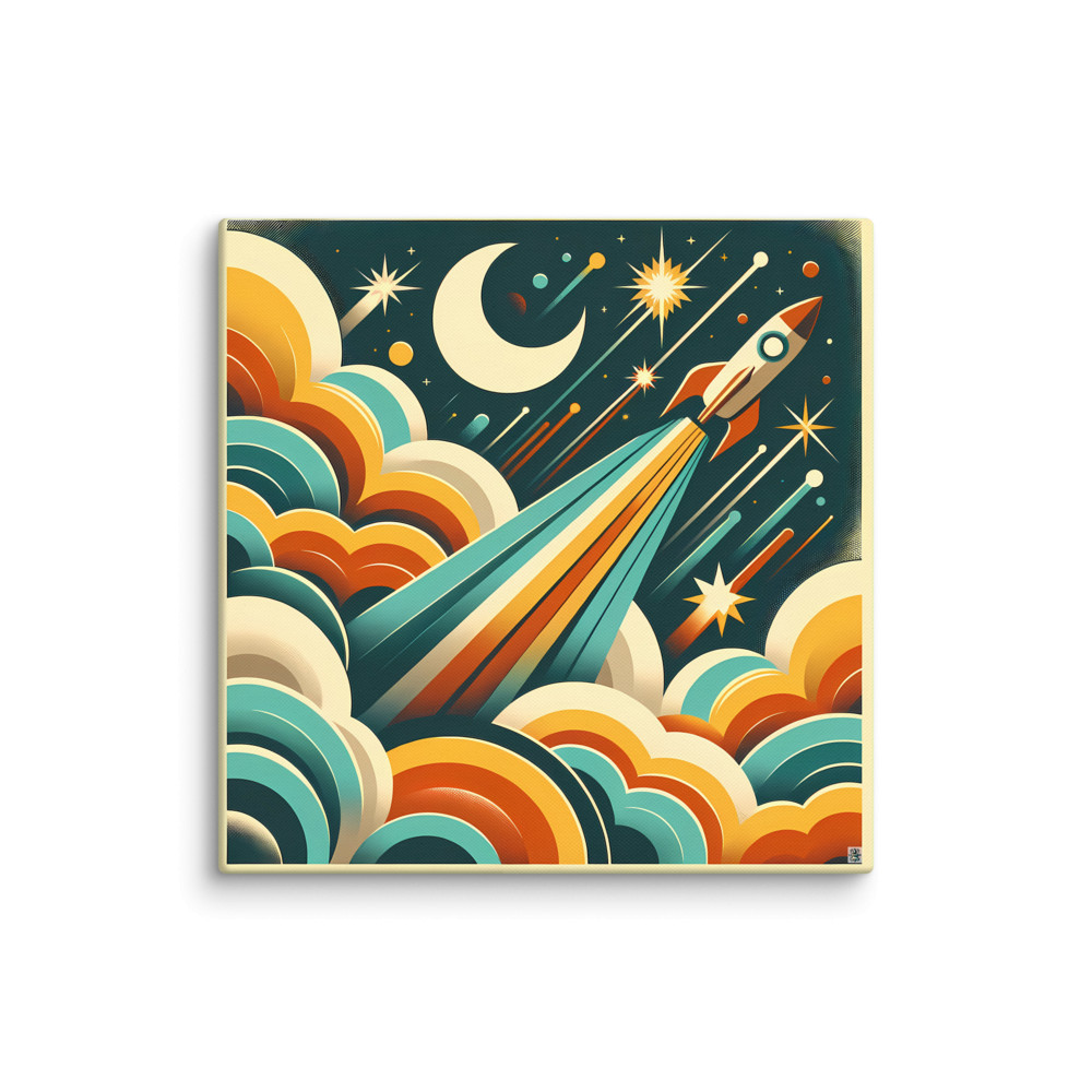 Retro Rocket Launch Through Clouds and Stars