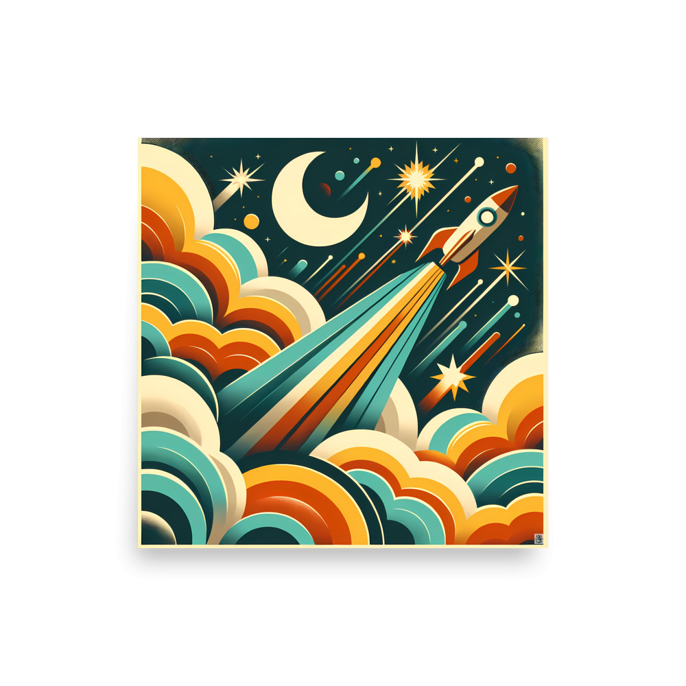 Retro Rocket Launch Through Clouds and Stars