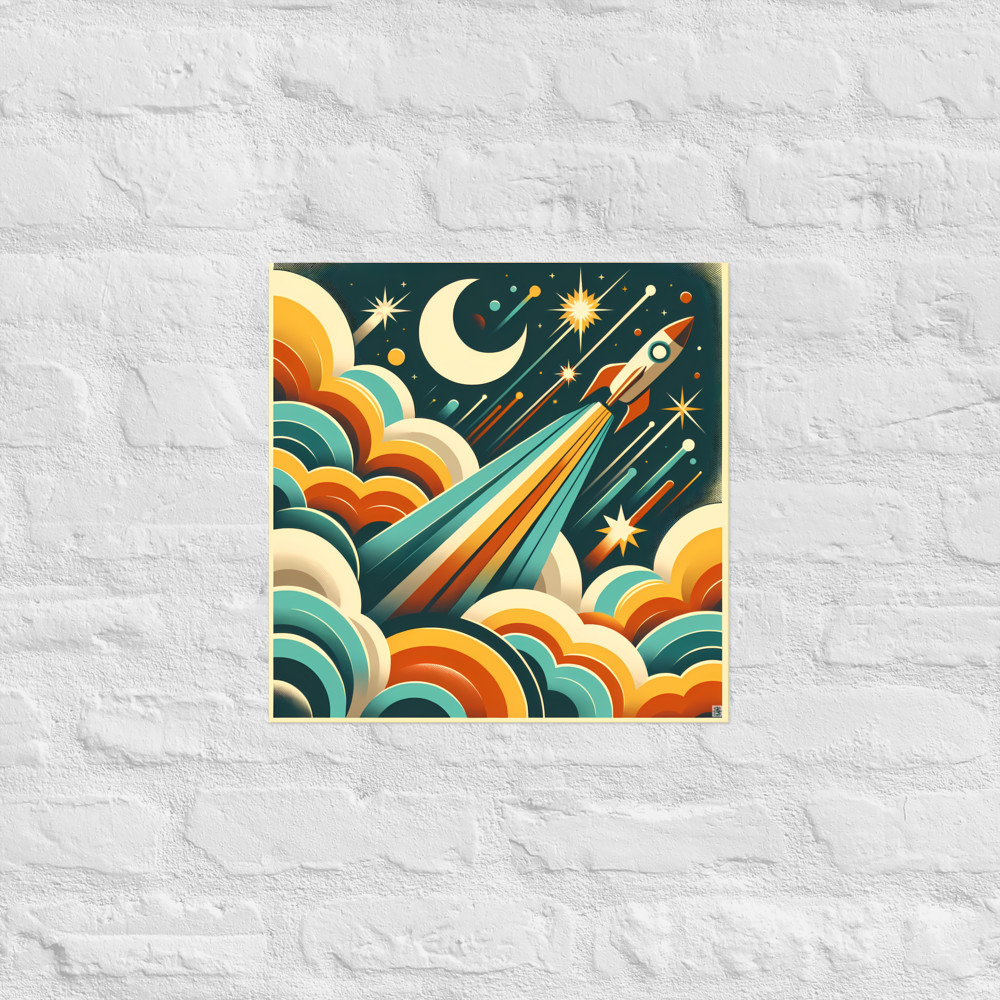 Retro Rocket Launch Through Clouds and Stars