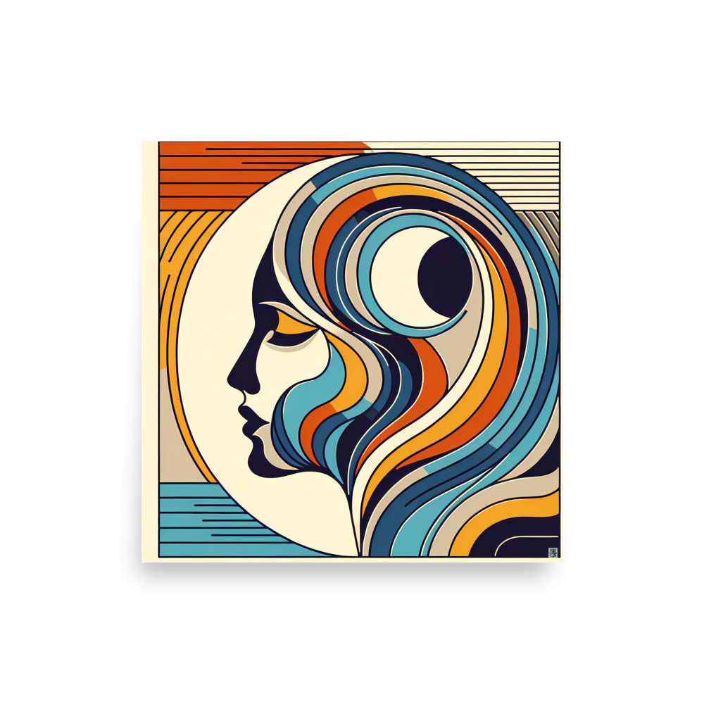 Abstract Woman Profile with Flowing Retro Waves — Art Print