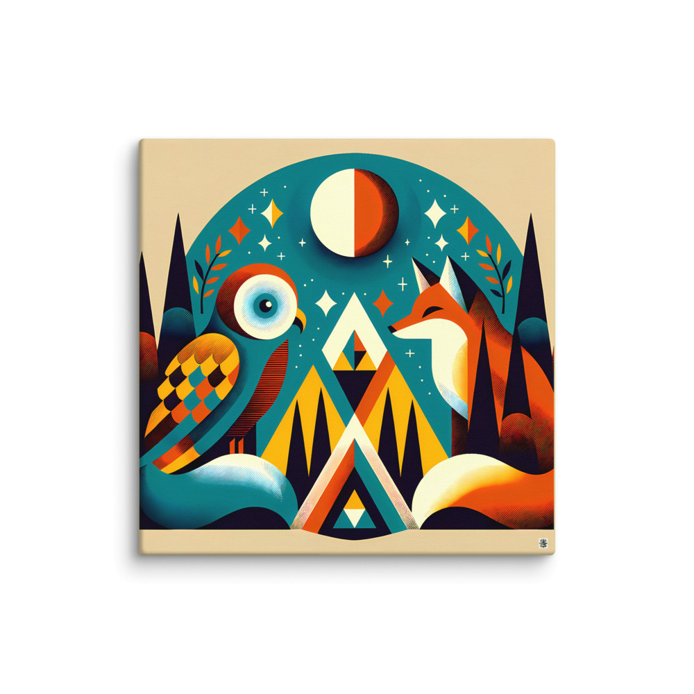 Geometric Owl and Fox Under a Moonlit Sky — Canvas Print