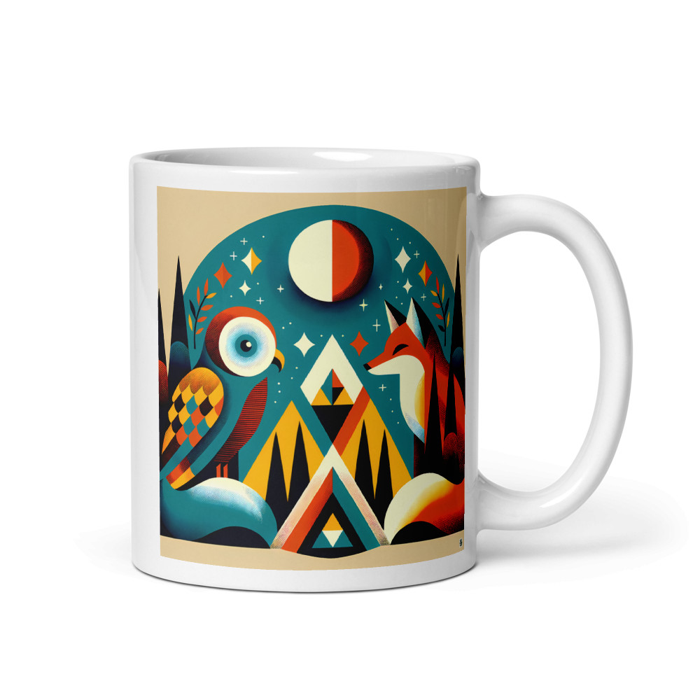 Geometric Owl and Fox Under a Moonlit Sky