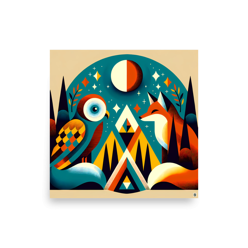 Geometric Owl and Fox Under a Moonlit Sky — Art Print