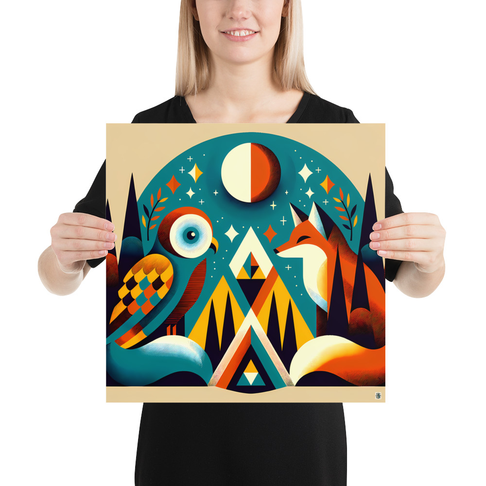Geometric Owl and Fox Under a Moonlit Sky