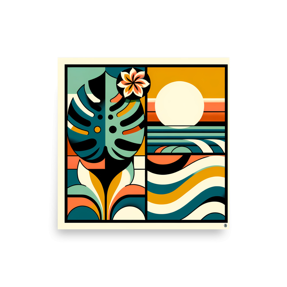 Abstract Monstera Leaf and Sun Geometric Waves — Art Print