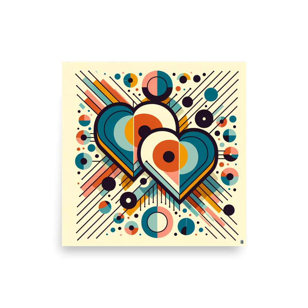 Geometric Heart Duo with Retro Circles and Lines — Art Print