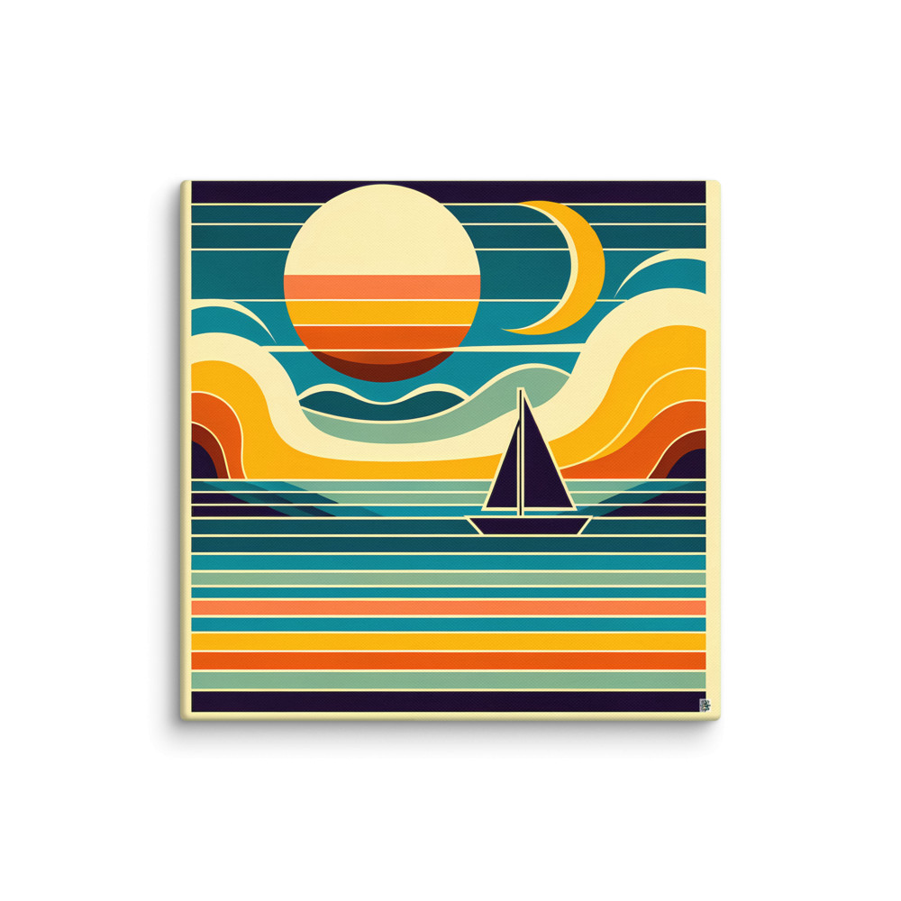 Minimal Sailboat Sunset with Moon and Waves — Canvas Print