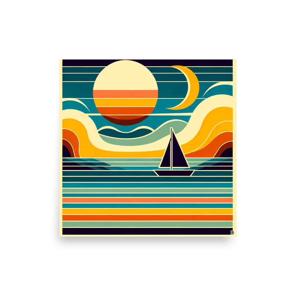 Minimal Sailboat Sunset with Moon and Waves — Art Print