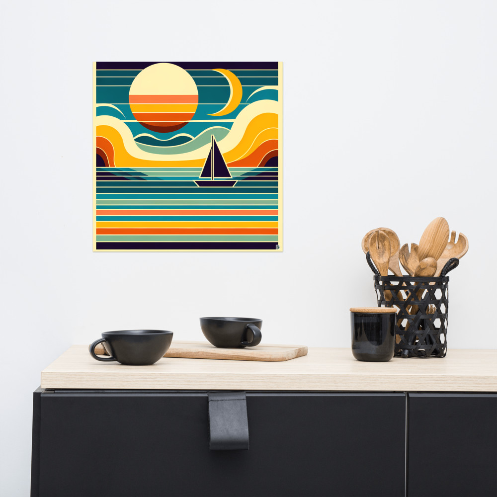 Minimal Sailboat Sunset with Moon and Waves