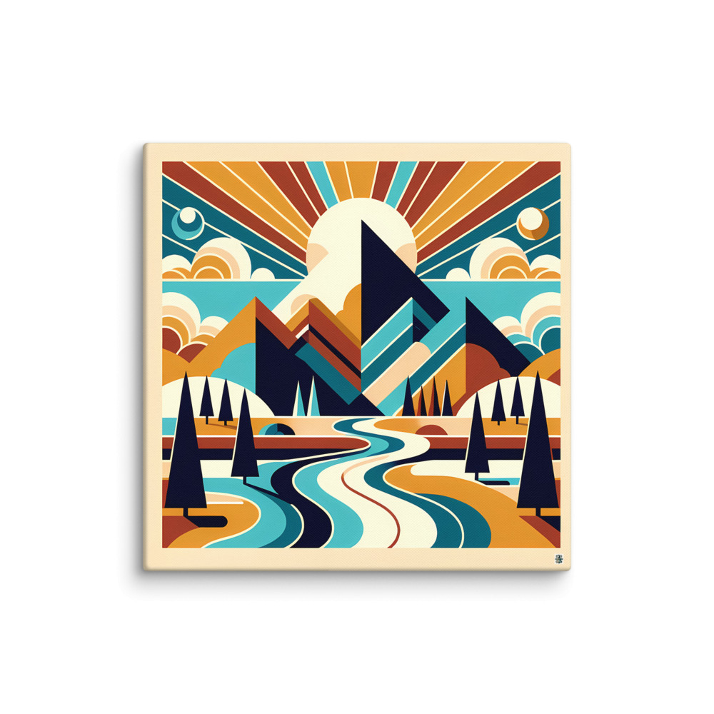 Geometric Mountain Peaks with River and Sunburst — Canvas Print