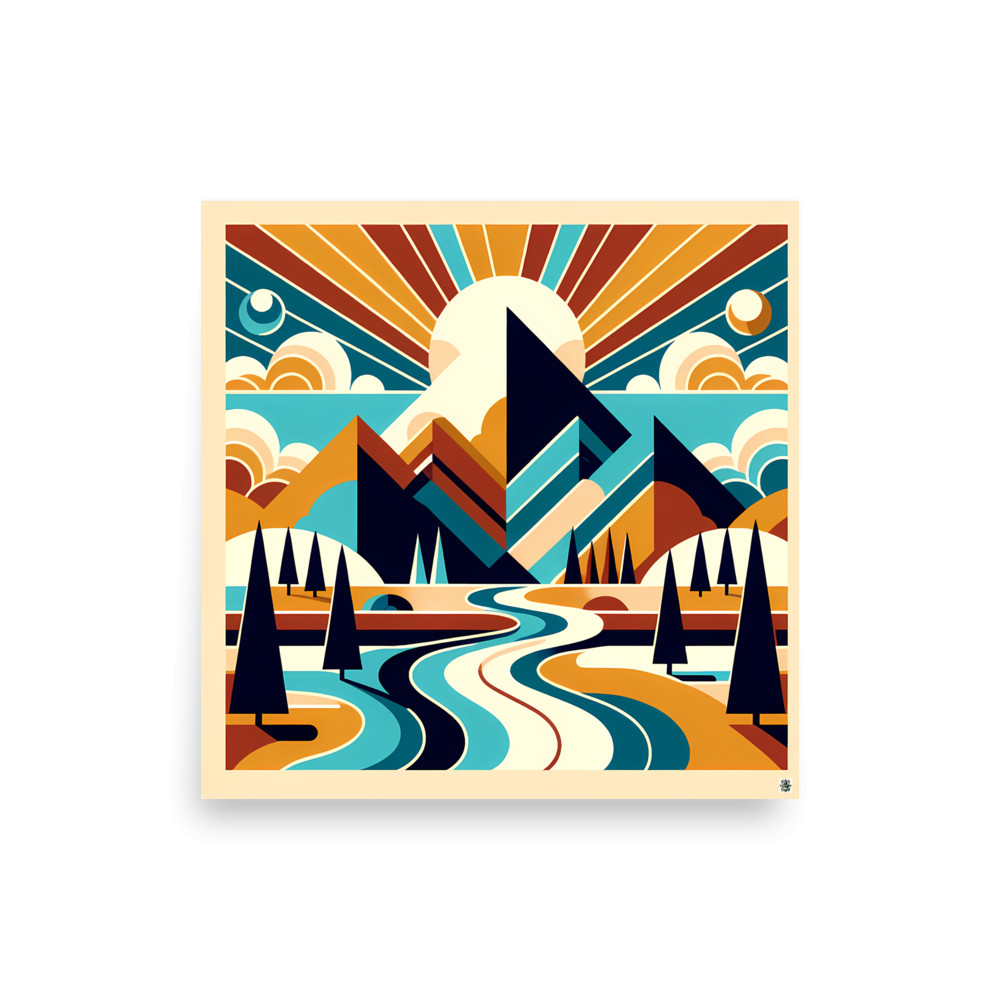 Geometric Mountain Peaks with River and Sunburst — Art Print