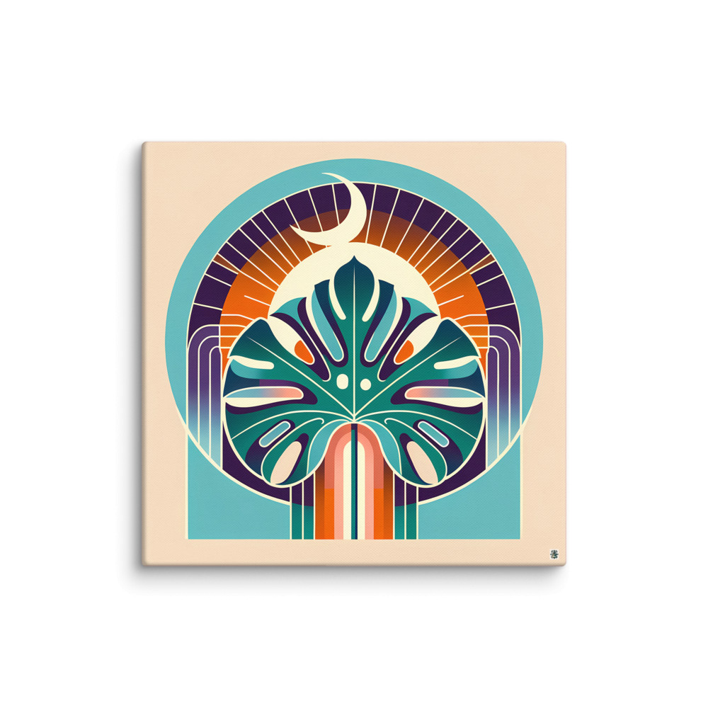 Geometric Monstera Leaf with Crescent Moon