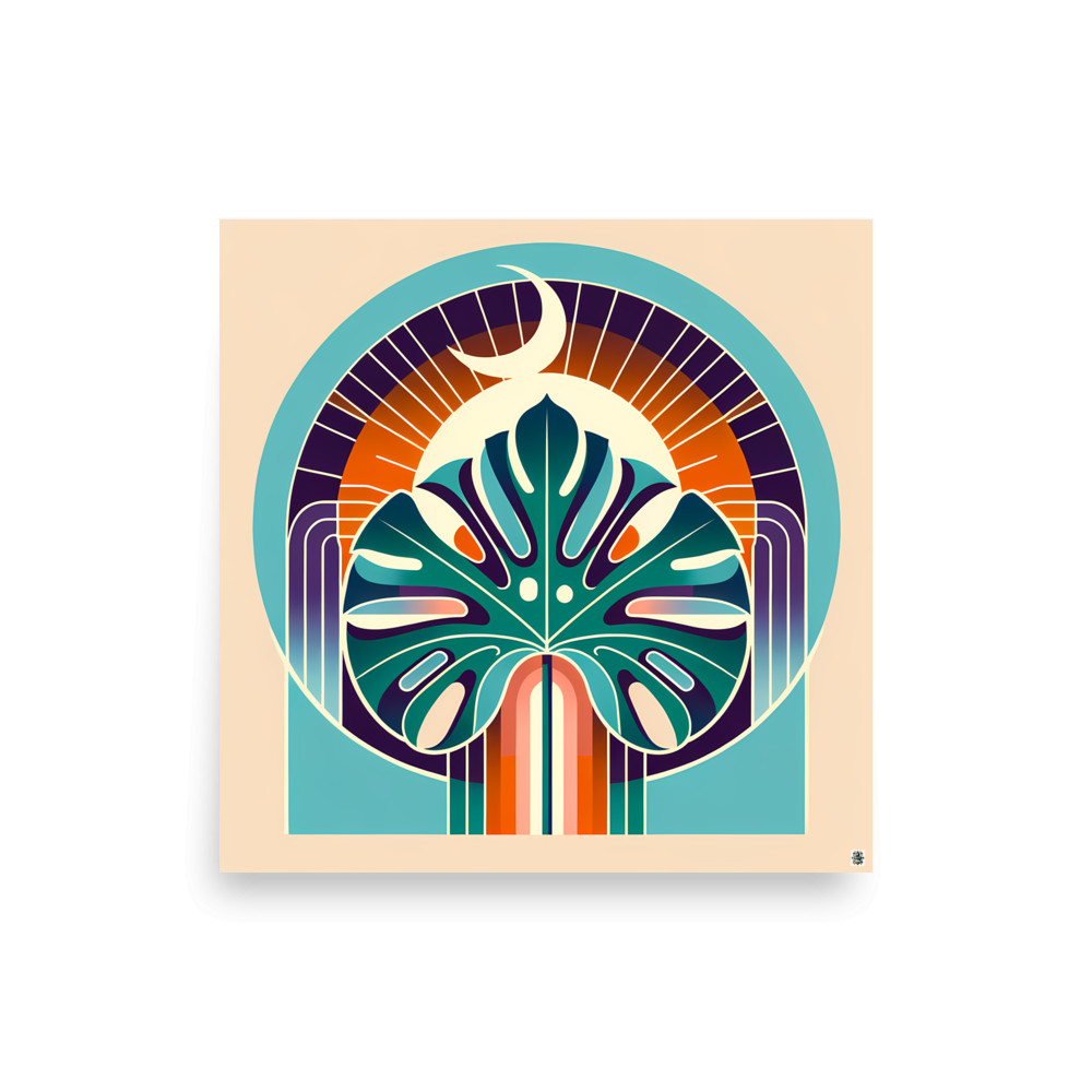 Geometric Monstera Leaf with Crescent Moon — Art Print