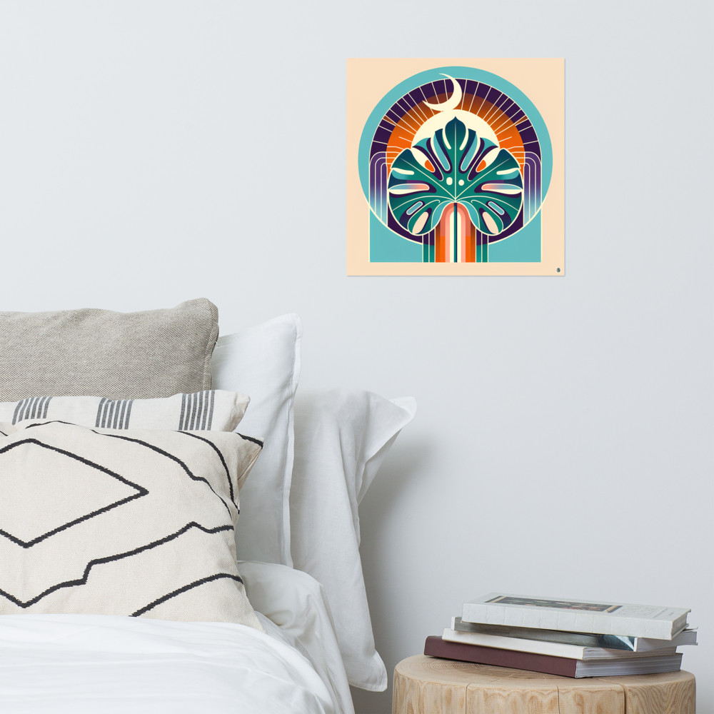 Geometric Monstera Leaf with Crescent Moon