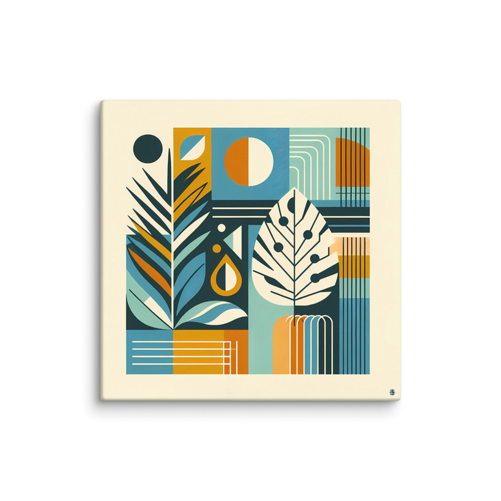 Geometric Botanical Leaves in Teal and Ochre — Canvas Print
