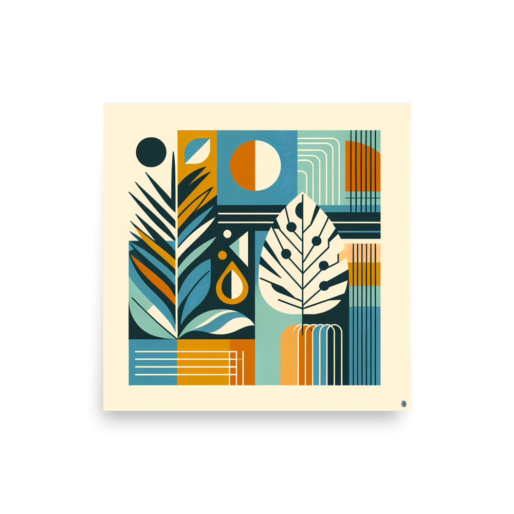 Geometric Botanical Leaves in Teal and Ochre — Art Print