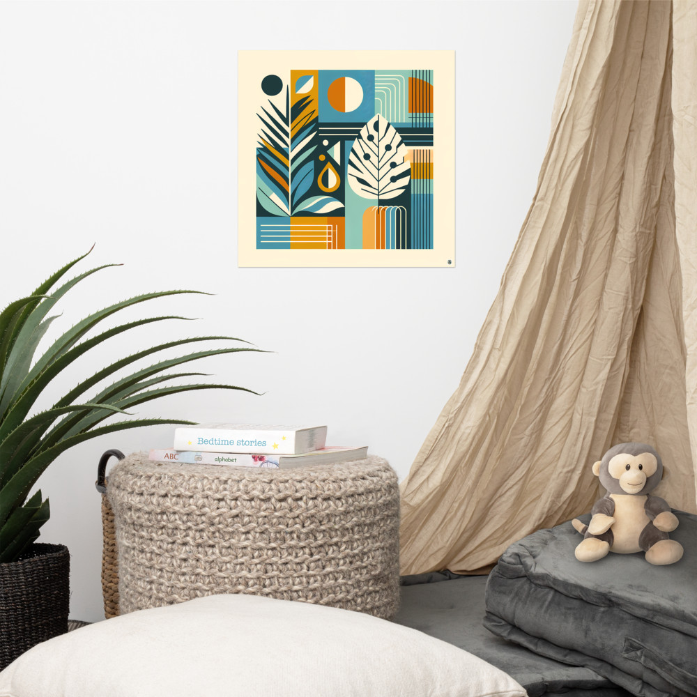 Geometric Botanical Leaves in Teal and Ochre