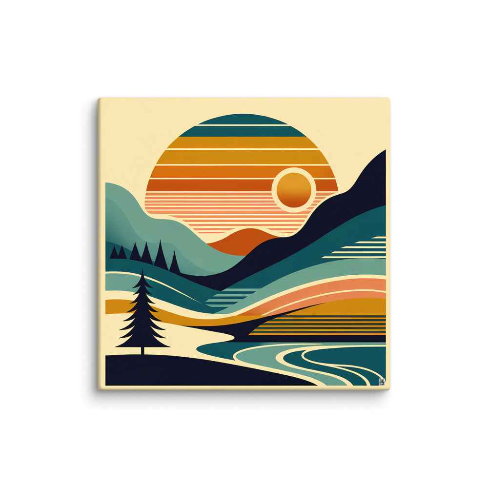 Geometric Sun Over Layered Mountains — Canvas Print