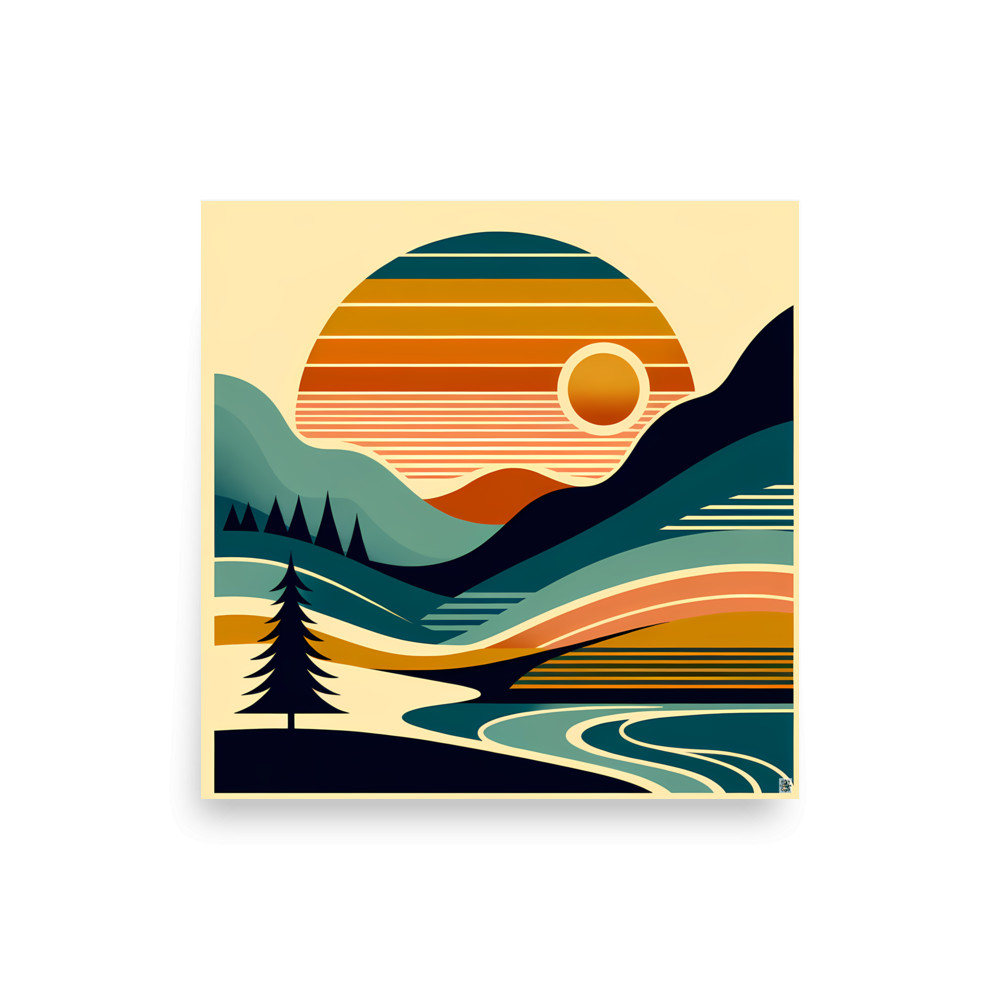 Geometric Sun Over Layered Mountains — Art Print