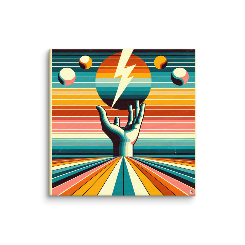 Retro Lightning Bolt Over Hand and Striped Sun — Canvas Print