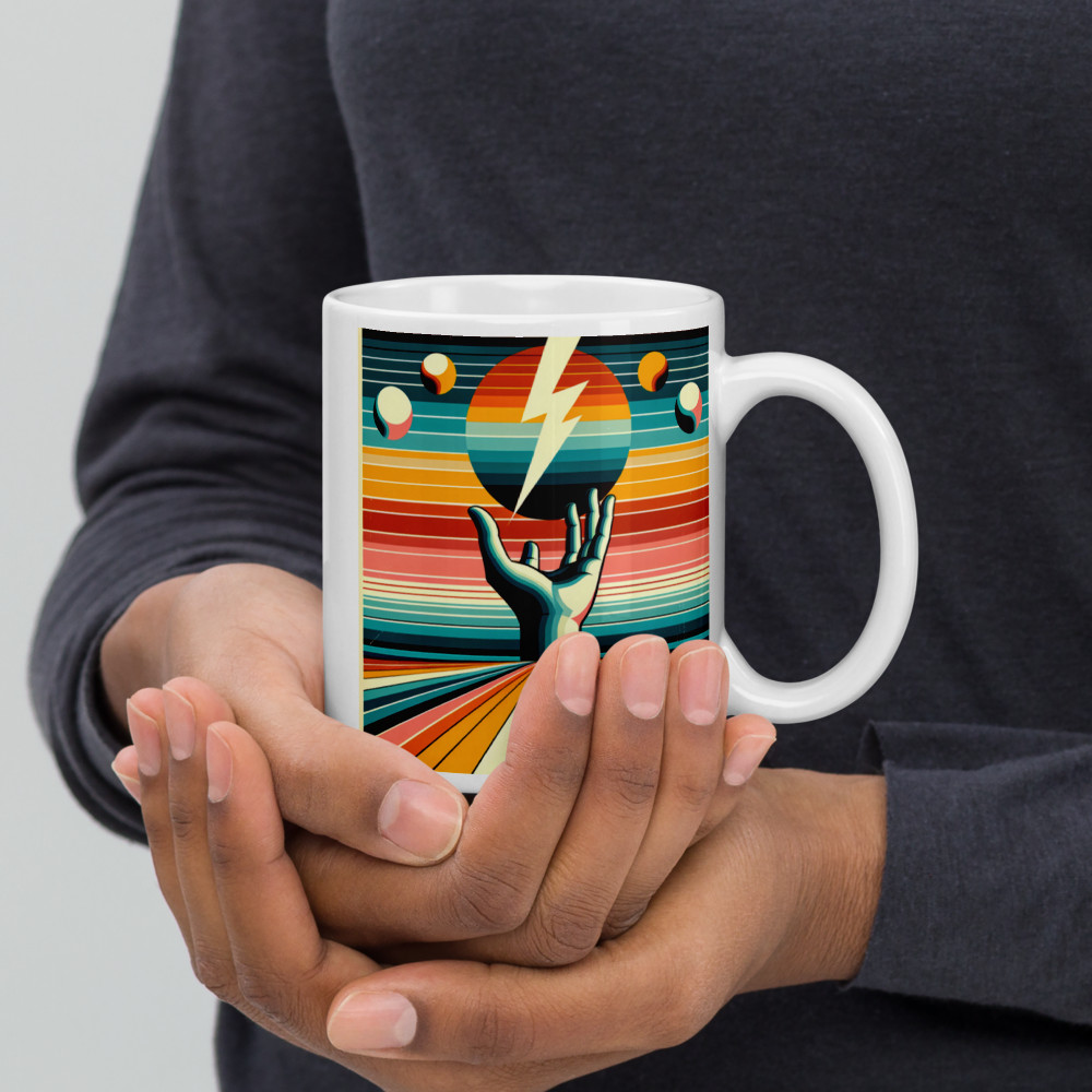 Retro Lightning Bolt Over Hand and Striped Sun