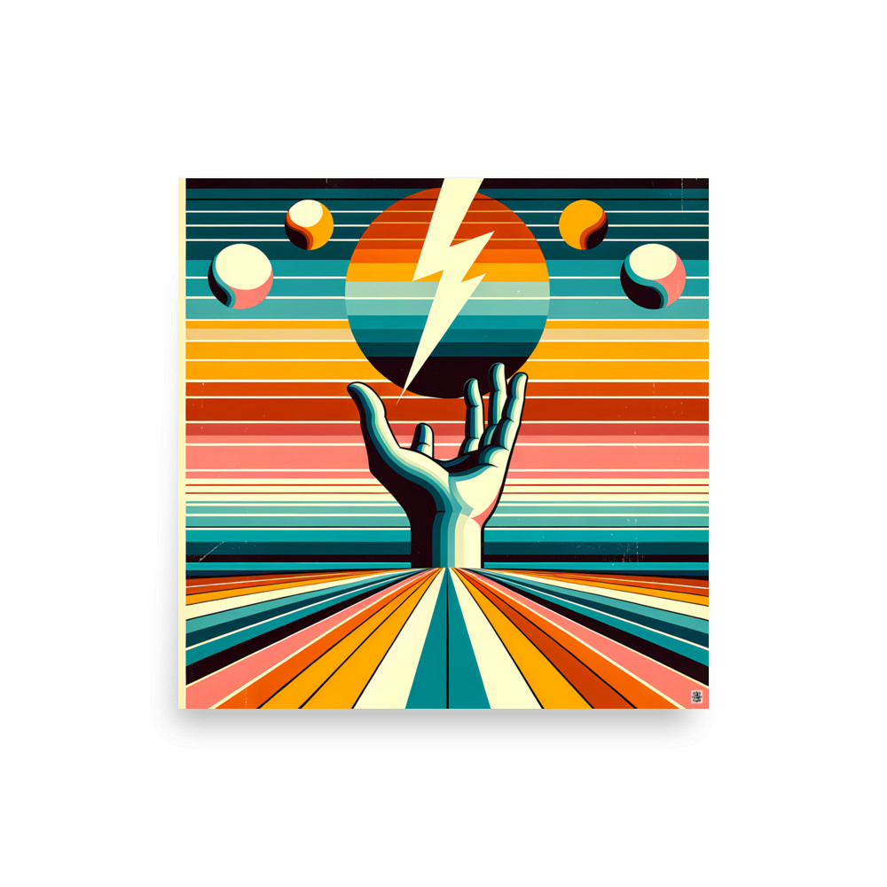 Retro Lightning Bolt Over Hand and Striped Sun — Art Print