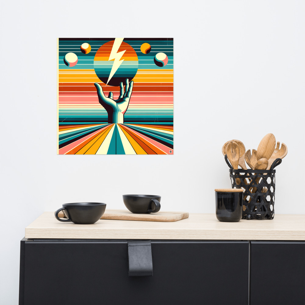 Retro Lightning Bolt Over Hand and Striped Sun